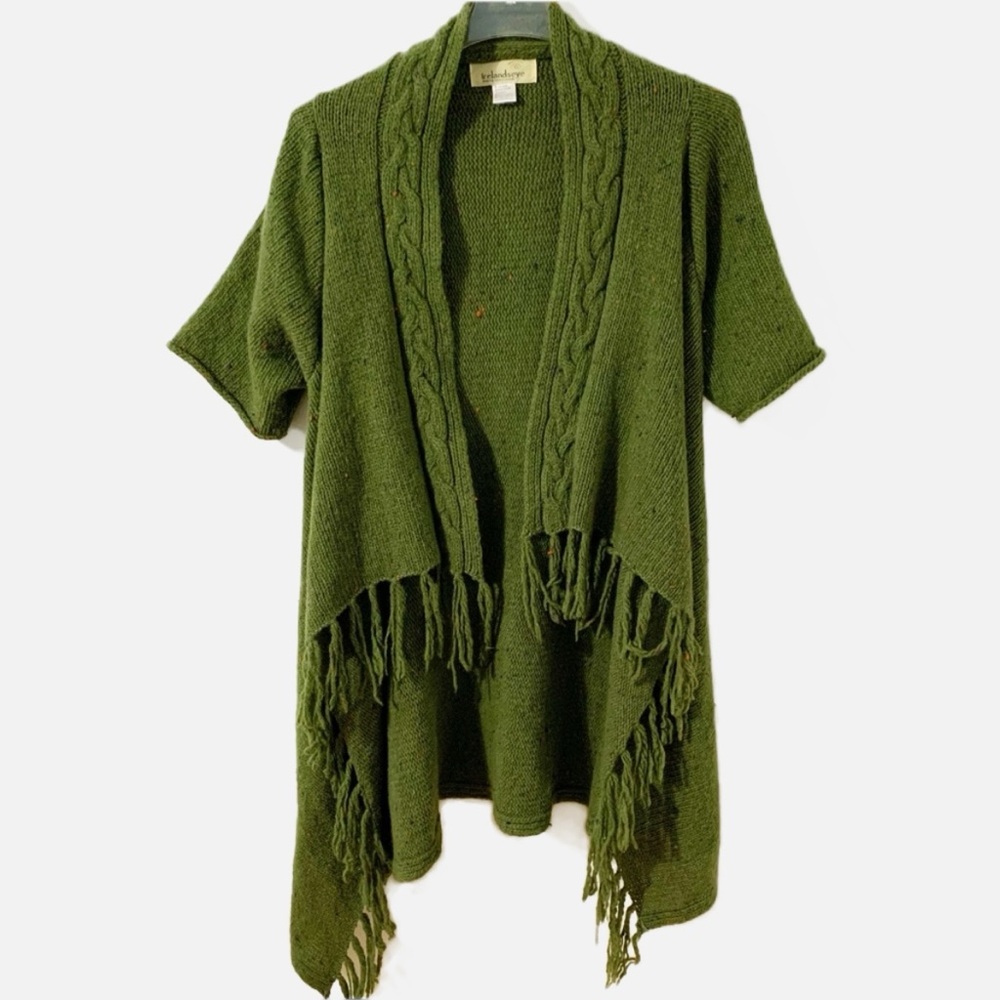 Irelandseye Fringe Wool Short Sleeve Open Front Cardigan Sweater Hi-Lo Cableknit